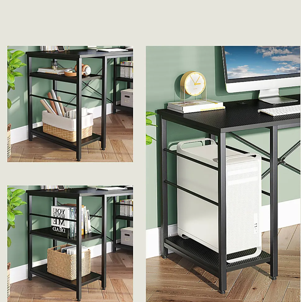 Bestier L-Shaped Corner Computer Desk With Storage Shelf, And Cord Management, 60"W, Black Carbon Fiber