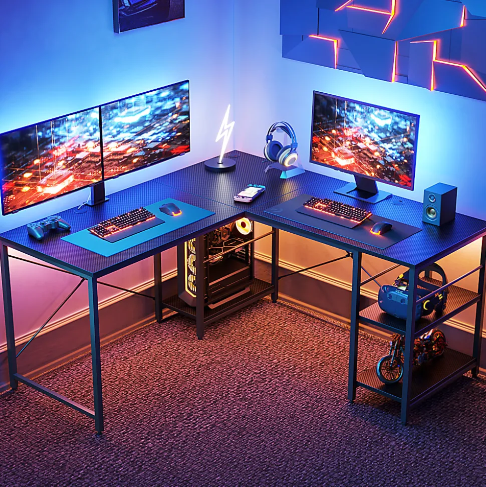 Bestier L-Shaped Corner Computer Desk With Storage Shelf, And Cord Management, 60"W, Black Carbon Fiber