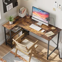 Bestier L-Shaped Corner Desk With Storage Shelf, 56"W, Rustic Brown