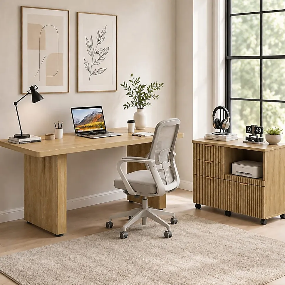 Bestier 70” L-Shaped Executive Desk Fluted Wood Home Office Workstation with Rolling File Cabinet, Natural Oak