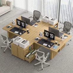 Bestier 70” L-Shaped Executive Desk Fluted Wood Home Office Workstation with Rolling File Cabinet, Natural Oak