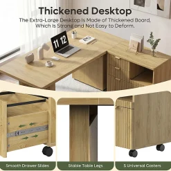 Bestier 70” L-Shaped Executive Desk Fluted Wood Home Office Workstation with Rolling File Cabinet, Natural Oak