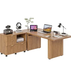 Bestier 70” L-Shaped Executive Desk Fluted Wood Home Office Workstation with Rolling File Cabinet , Brown