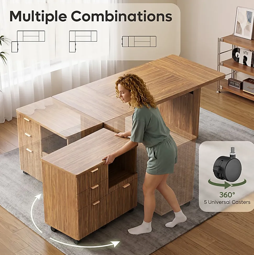 Bestier 70” L-Shaped Executive Desk Fluted Wood Home Office Workstation with Rolling File Cabinet , Brown