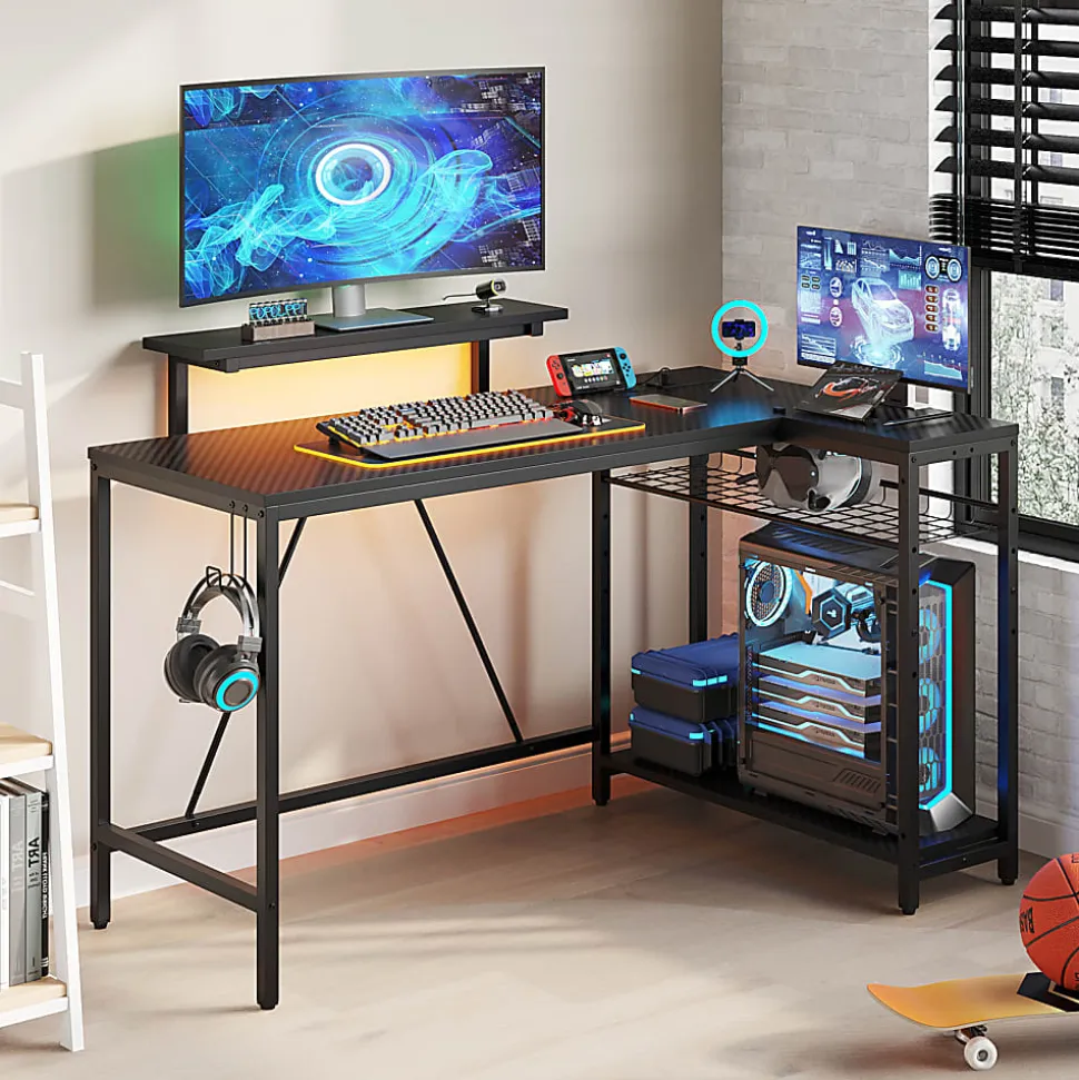 Bestier L-Shaped Gaming Computer Desk With Power Outlet, LED Lights & Headset Hooks, 53"W, Carbon Fiber Black
