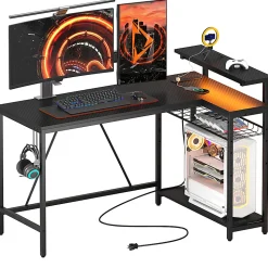 Bestier L-Shaped Gaming Computer Desk With Power Outlet, LED Lights & Headset Hooks, 53"W, Carbon Fiber Black