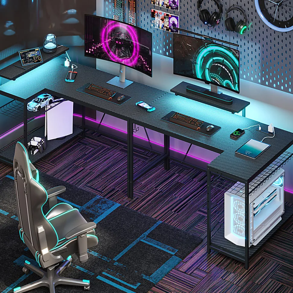 Bestier L-Shaped Gaming Computer Desk With Power Outlet, LED Lights & Headset Hooks, 53"W, Carbon Fiber Black