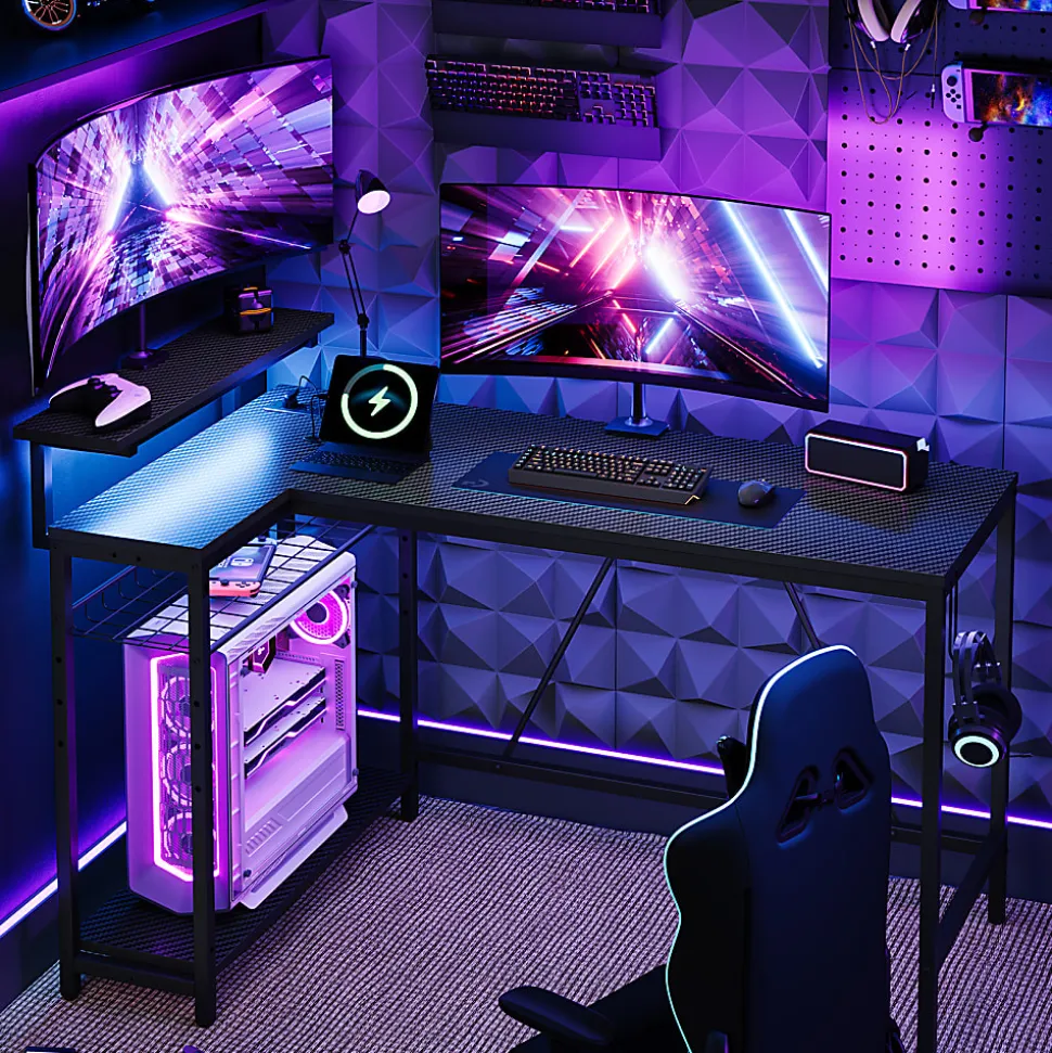 Bestier L-Shaped Gaming Computer Desk With Power Outlet, LED Lights & Headset Hooks, 53"W, Carbon Fiber Black