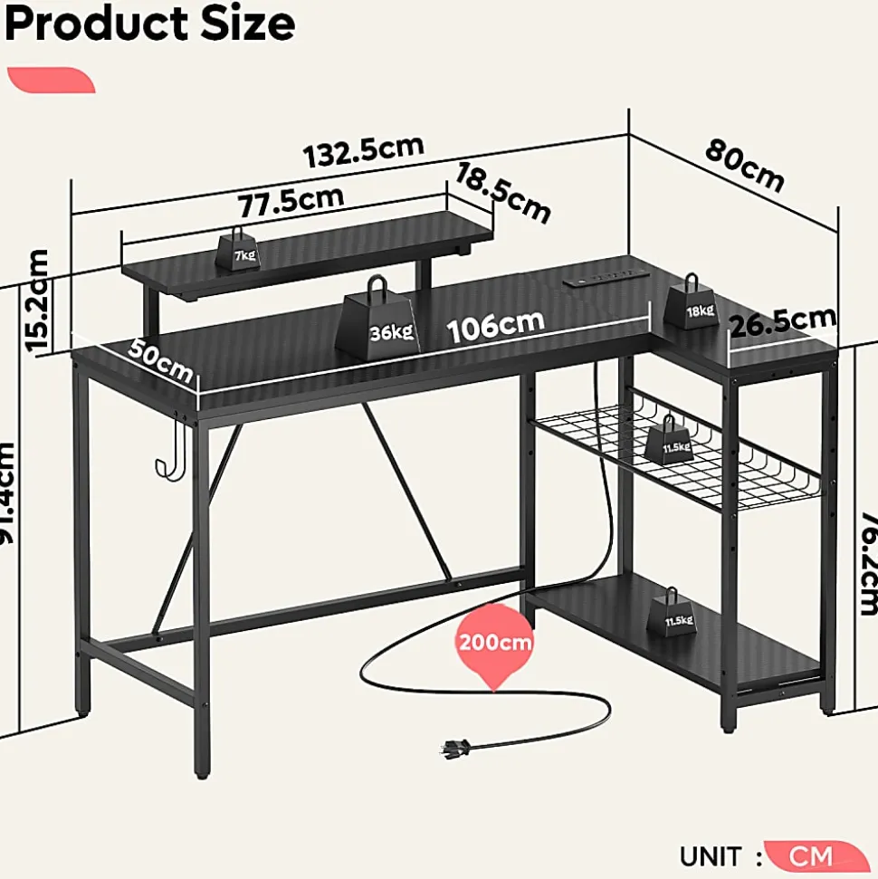 Bestier L-Shaped Gaming Computer Desk With Power Outlet, LED Lights & Headset Hooks, 53"W, Carbon Fiber Black