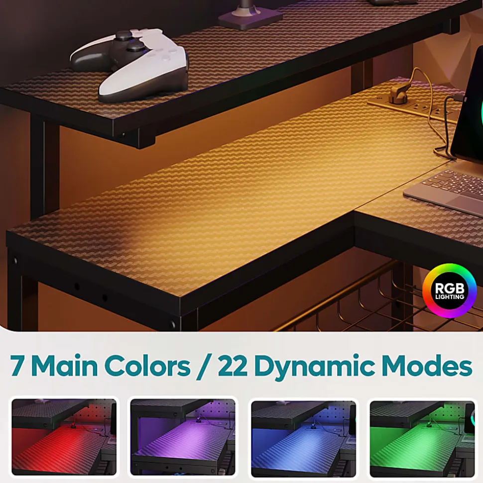 Bestier L-Shaped Gaming Computer Desk With Power Outlet, LED Lights & Headset Hooks, 53"W, Carbon Fiber Black