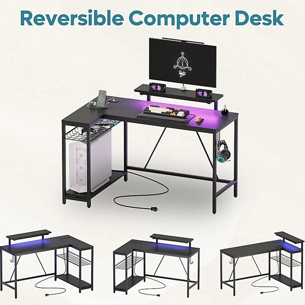 Bestier L-Shaped Gaming Computer Desk With Power Outlet, LED Lights & Headset Hooks, 53"W, Carbon Fiber Black