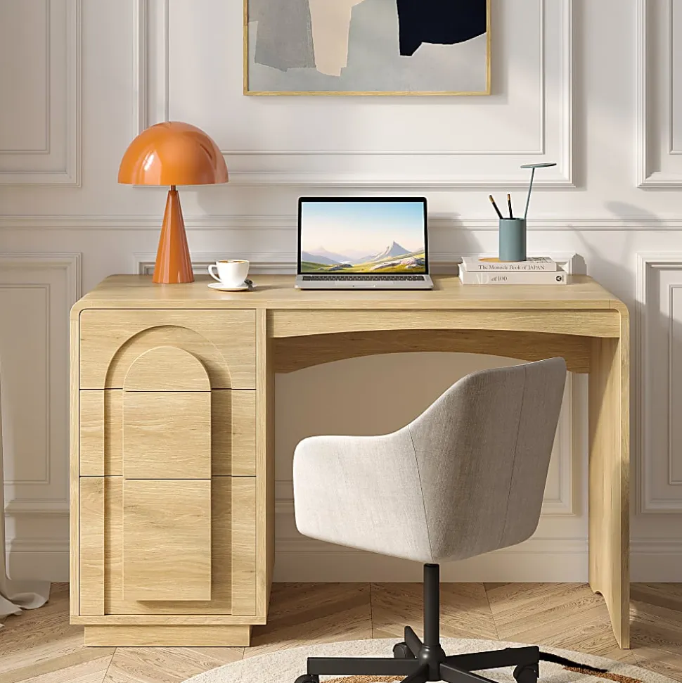 Bestier 47" Modern Arched Wood Home Office Executive Desk with 3 Drawers for Storage, Natural Oak