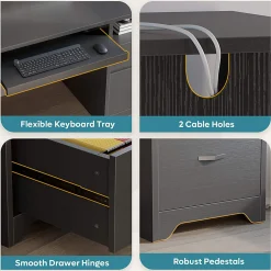 Bestier 59" Rectangular Computer Desk with Drawers and Power Outlet, Home Office Desk with Keyboard Tray, Black