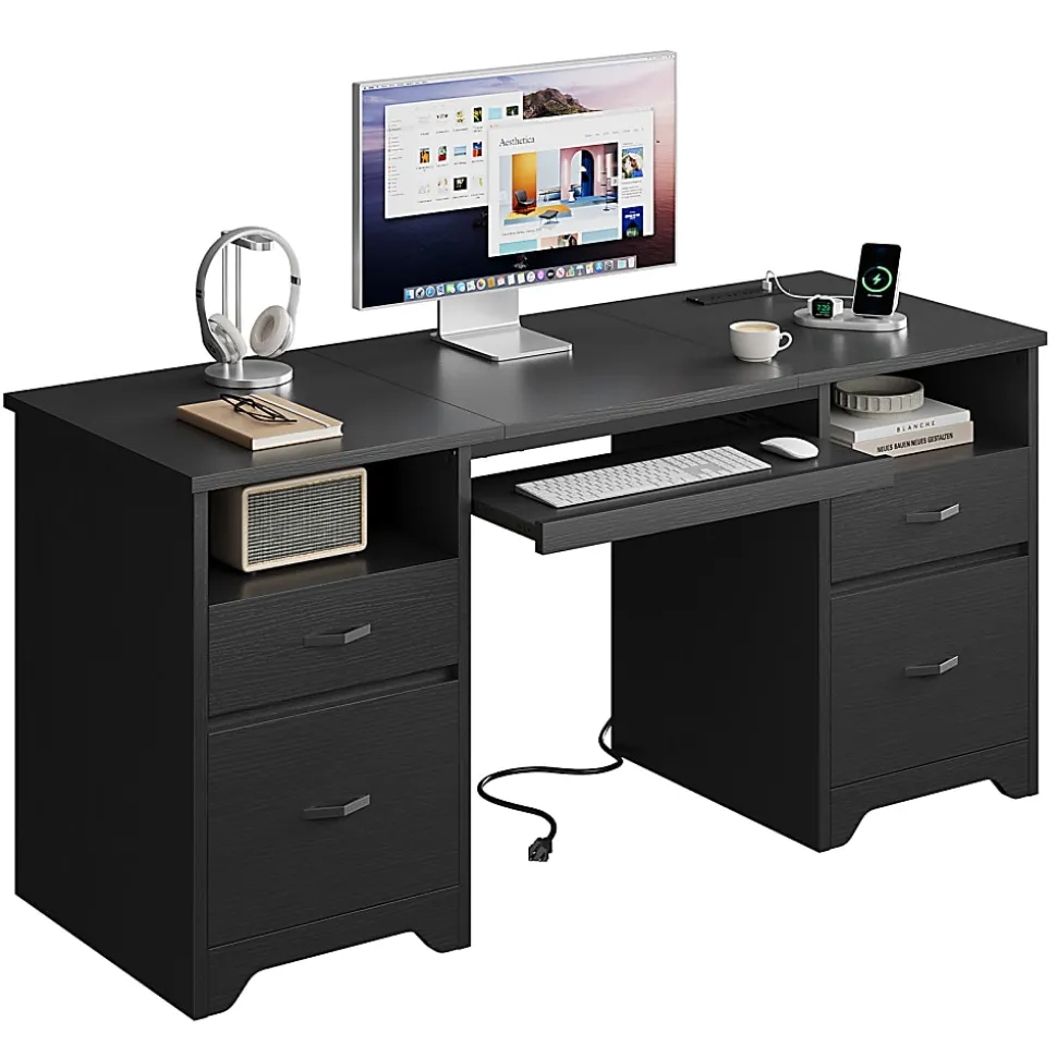 Bestier 59" Rectangular Computer Desk with Drawers and Power Outlet, Home Office Desk with Keyboard Tray, Black