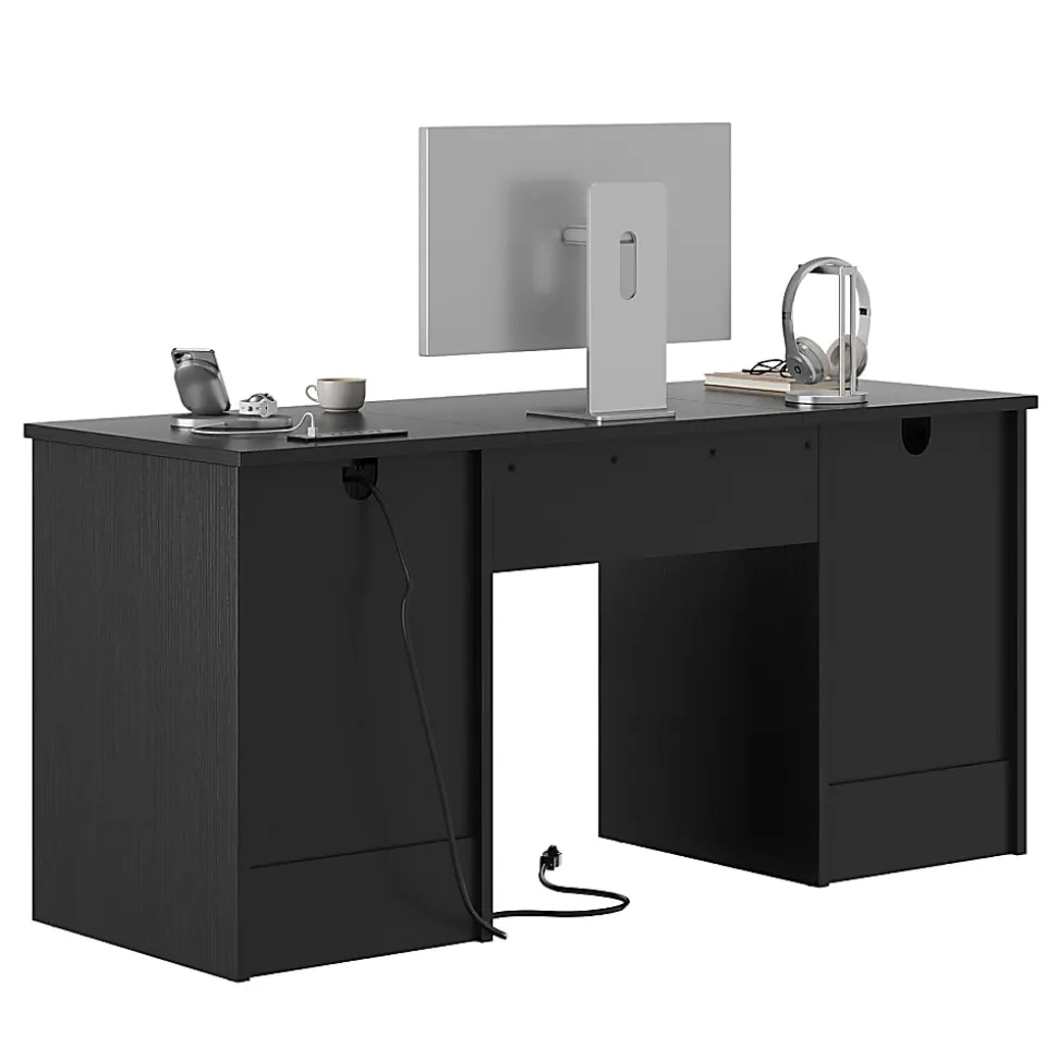 Bestier 59" Rectangular Computer Desk with Drawers and Power Outlet, Home Office Desk with Keyboard Tray, Black