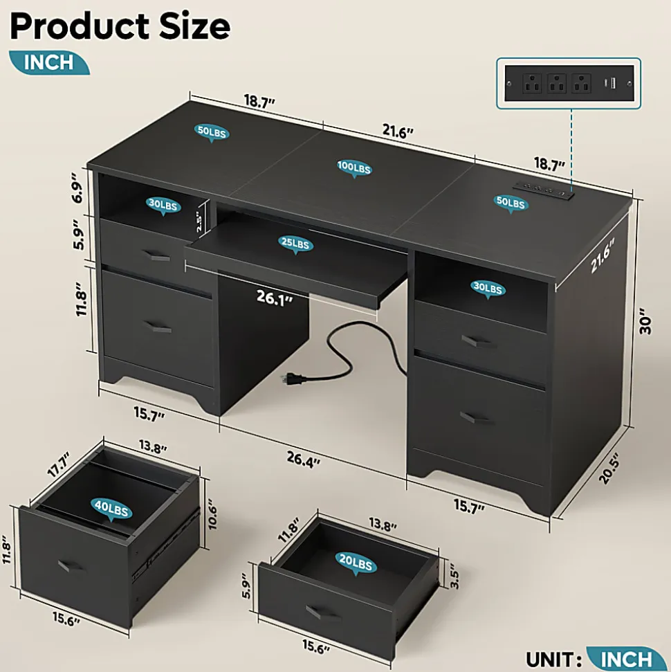 Bestier 59" Rectangular Computer Desk with Drawers and Power Outlet, Home Office Desk with Keyboard Tray, Black