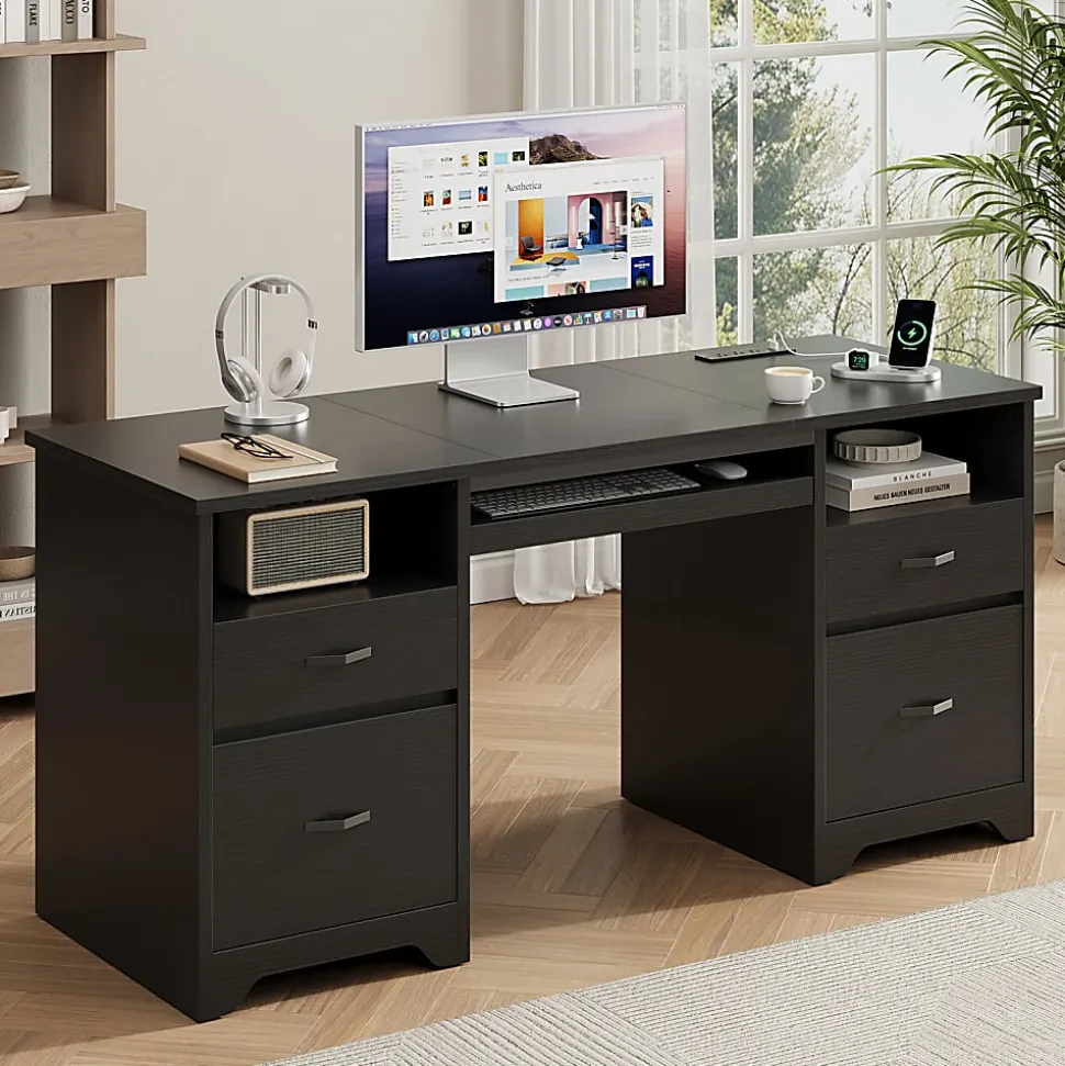 Bestier 59" Rectangular Computer Desk with Drawers and Power Outlet, Home Office Desk with Keyboard Tray, Black