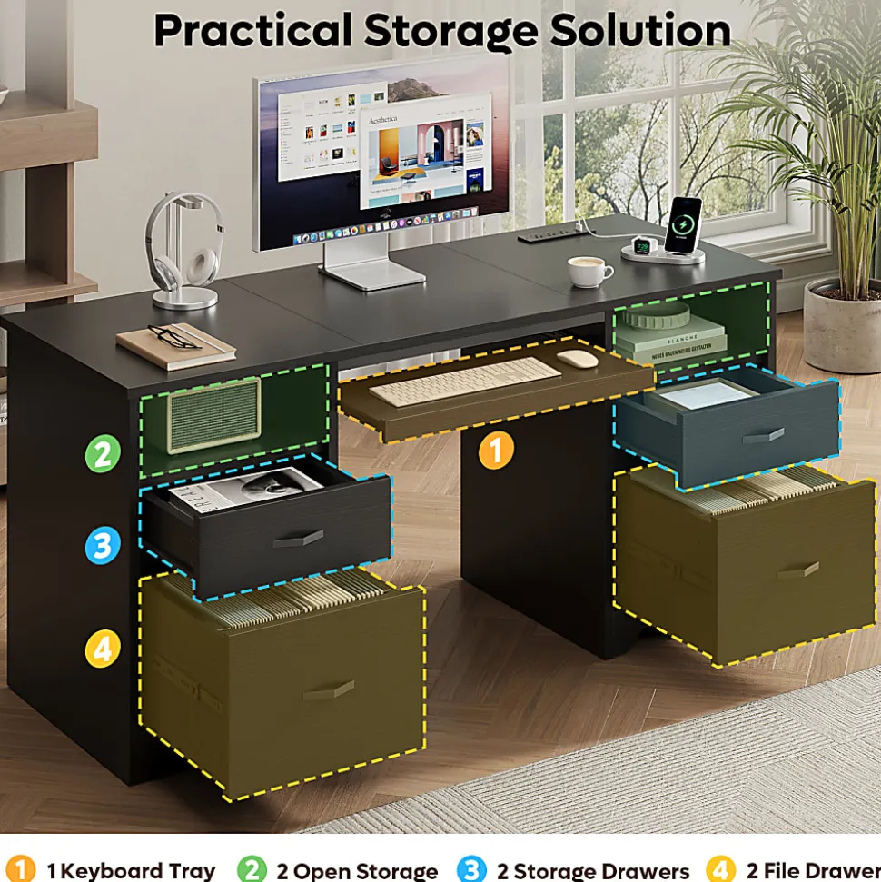 Bestier 59" Rectangular Computer Desk with Drawers and Power Outlet, Home Office Desk with Keyboard Tray, Black