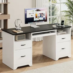 Bestier 59" Rectangular Computer Desk with Drawers and Power Outlet, Home Office Desk with Keyboard Tray, White