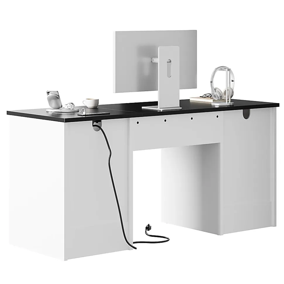 Bestier 59" Rectangular Computer Desk with Drawers and Power Outlet, Home Office Desk with Keyboard Tray, White