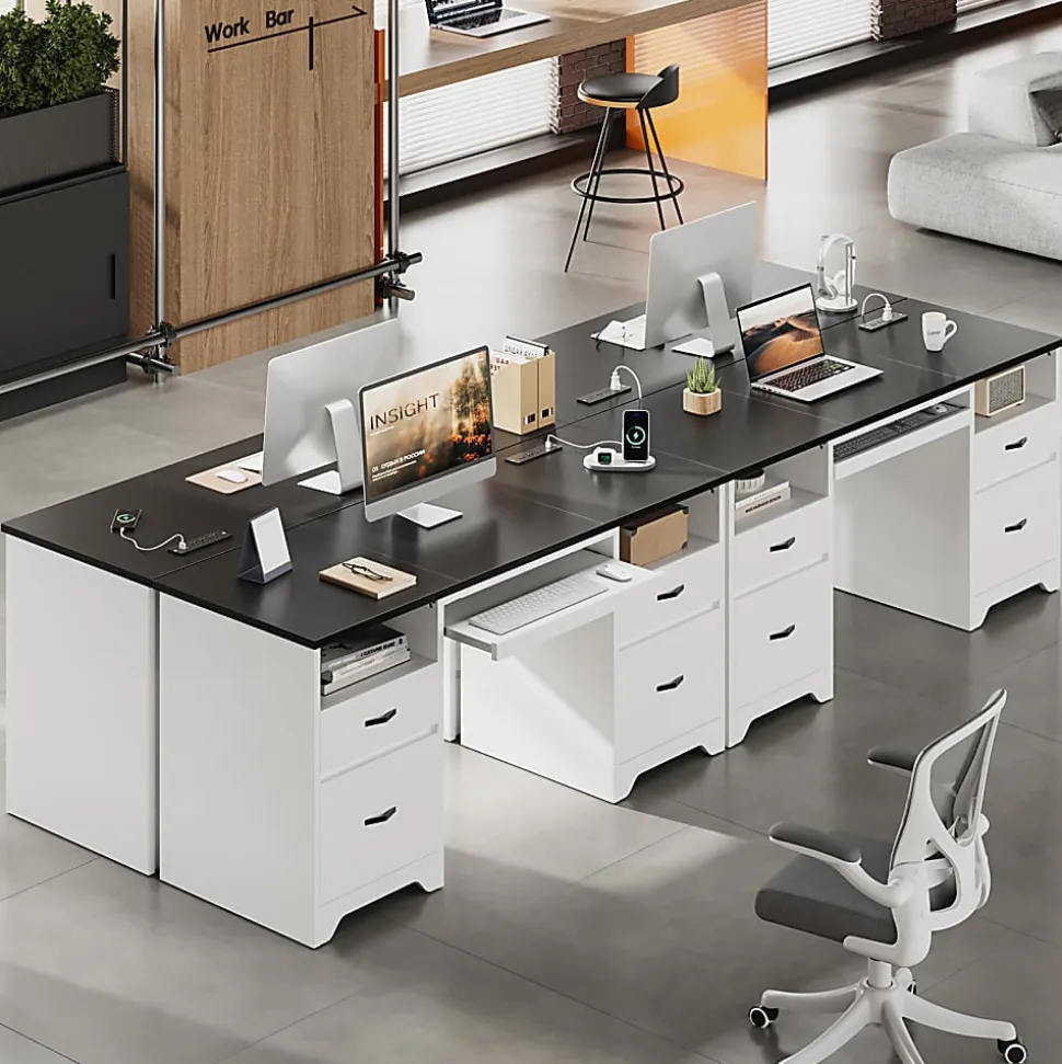 Bestier 59" Rectangular Computer Desk with Drawers and Power Outlet, Home Office Desk with Keyboard Tray, White