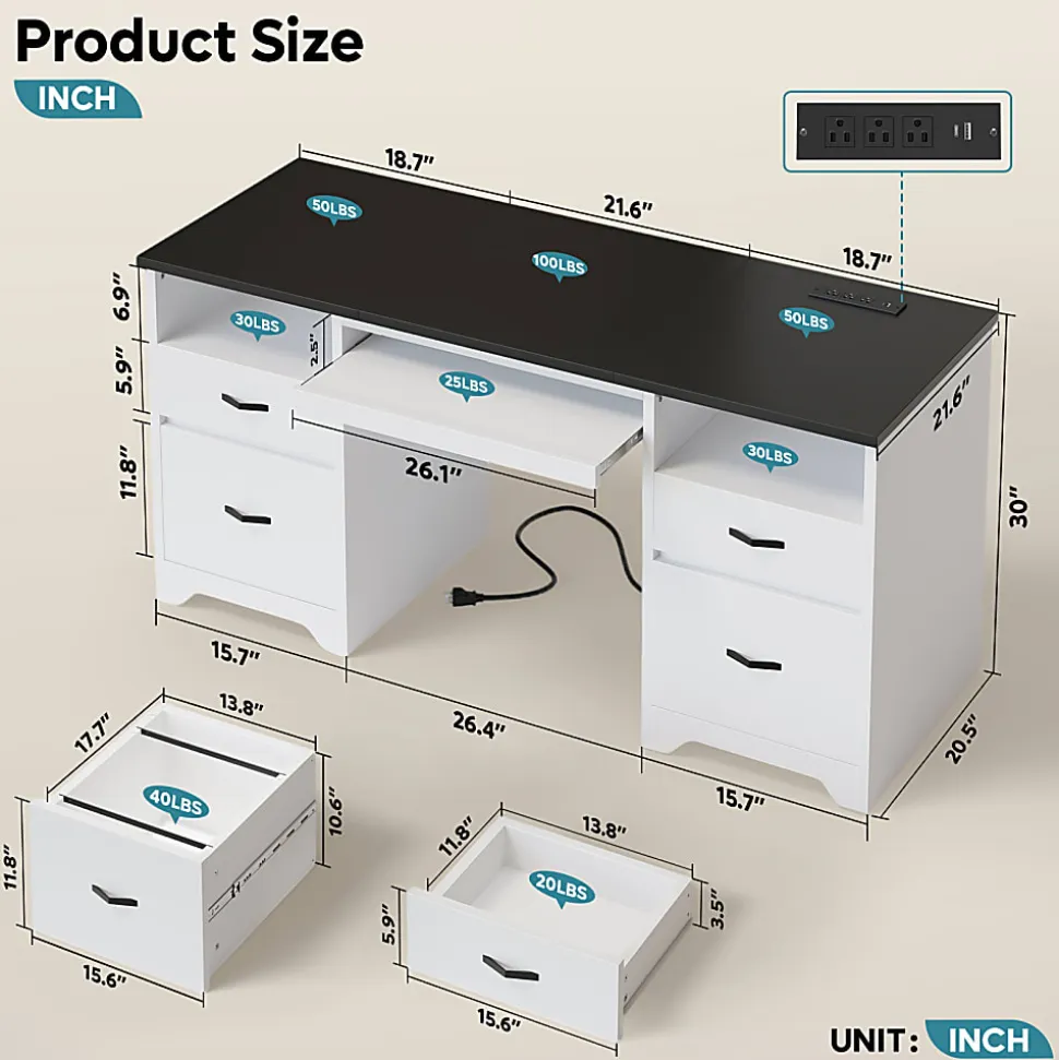 Bestier 59" Rectangular Computer Desk with Drawers and Power Outlet, Home Office Desk with Keyboard Tray, White