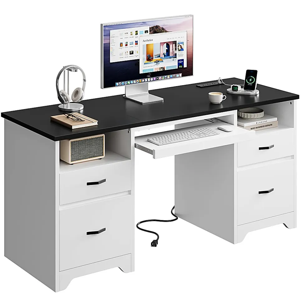 Bestier 59" Rectangular Computer Desk with Drawers and Power Outlet, Home Office Desk with Keyboard Tray, White