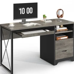 Bestier 48" Reversible Office Writing Computer Desk With File Drawer And Pull-Out Shelf, Gray