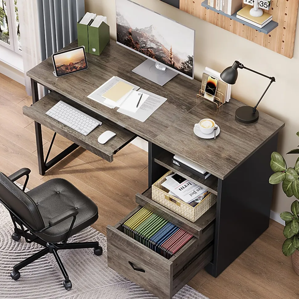Bestier 48" Reversible Office Writing Computer Desk With File Drawer And Pull-Out Shelf, Gray