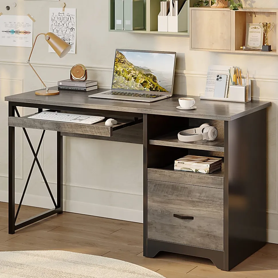 Bestier 48" Reversible Office Writing Computer Desk With File Drawer And Pull-Out Shelf, Gray