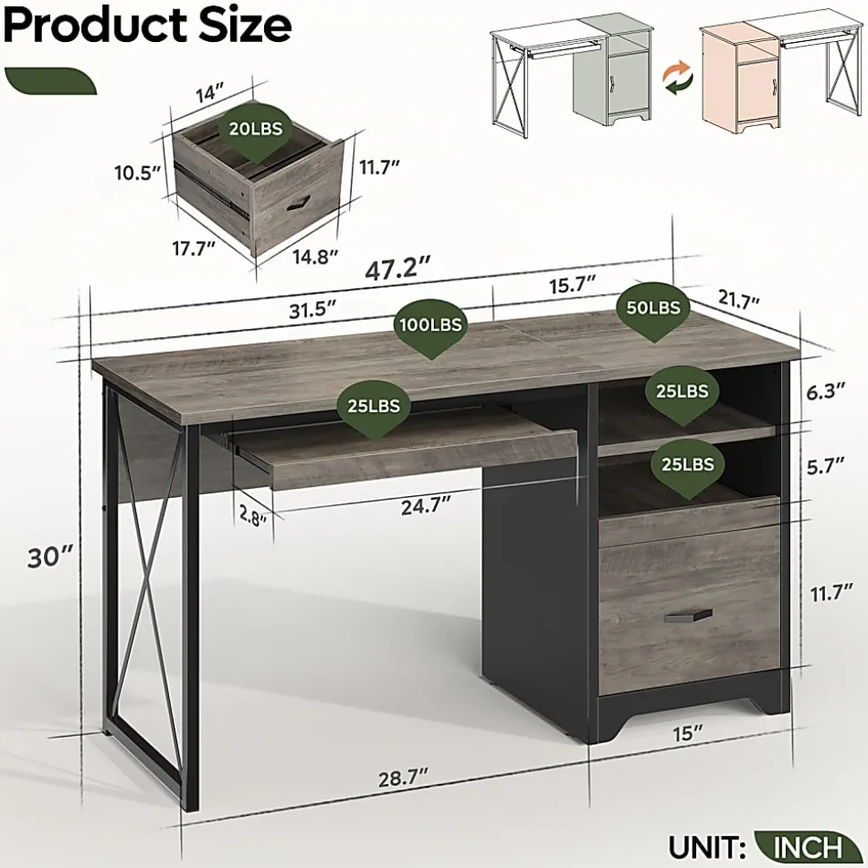 Bestier 48" Reversible Office Writing Computer Desk With File Drawer And Pull-Out Shelf, Gray