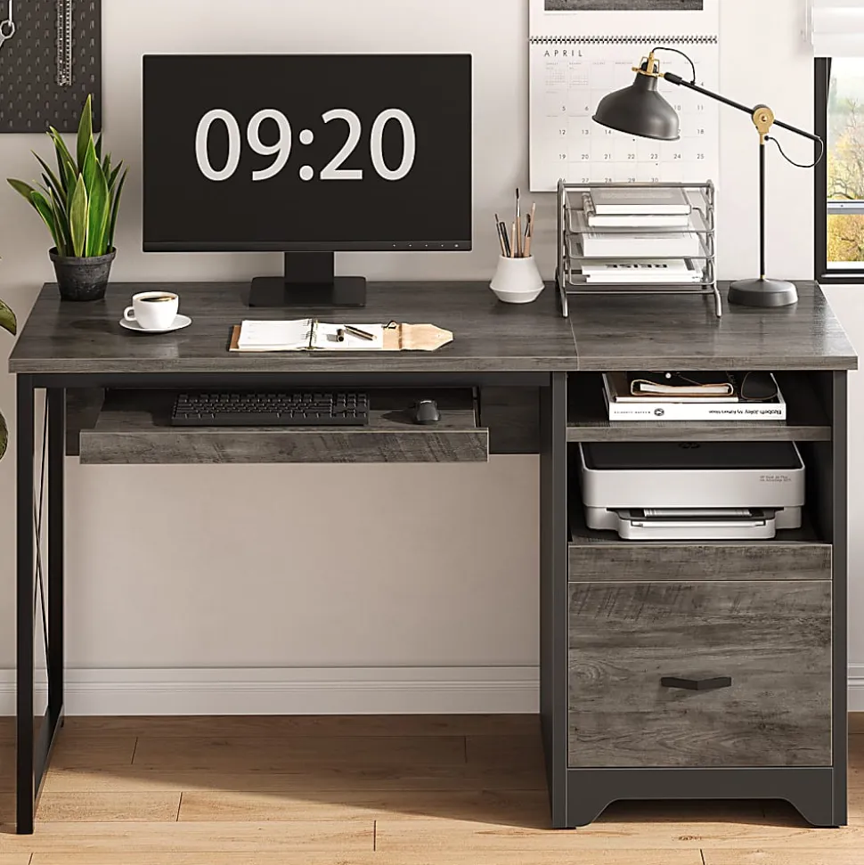 Bestier 48" Reversible Office Writing Computer Desk With File Drawer And Pull-Out Shelf, Gray