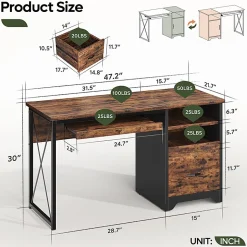 Bestier 48" Reversible Office Writing Computer Desk With File Drawer And Pull-Out Shelf, Rustic Brown