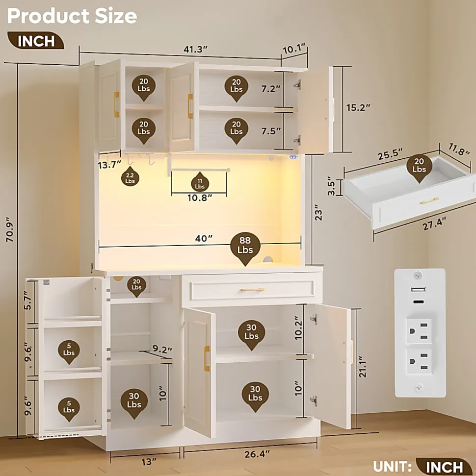 Bestier 41" Storage Hutch Desk with LED & Power Outlet, Wood Tall Kitchen Pantry Buffet Cabinet, White