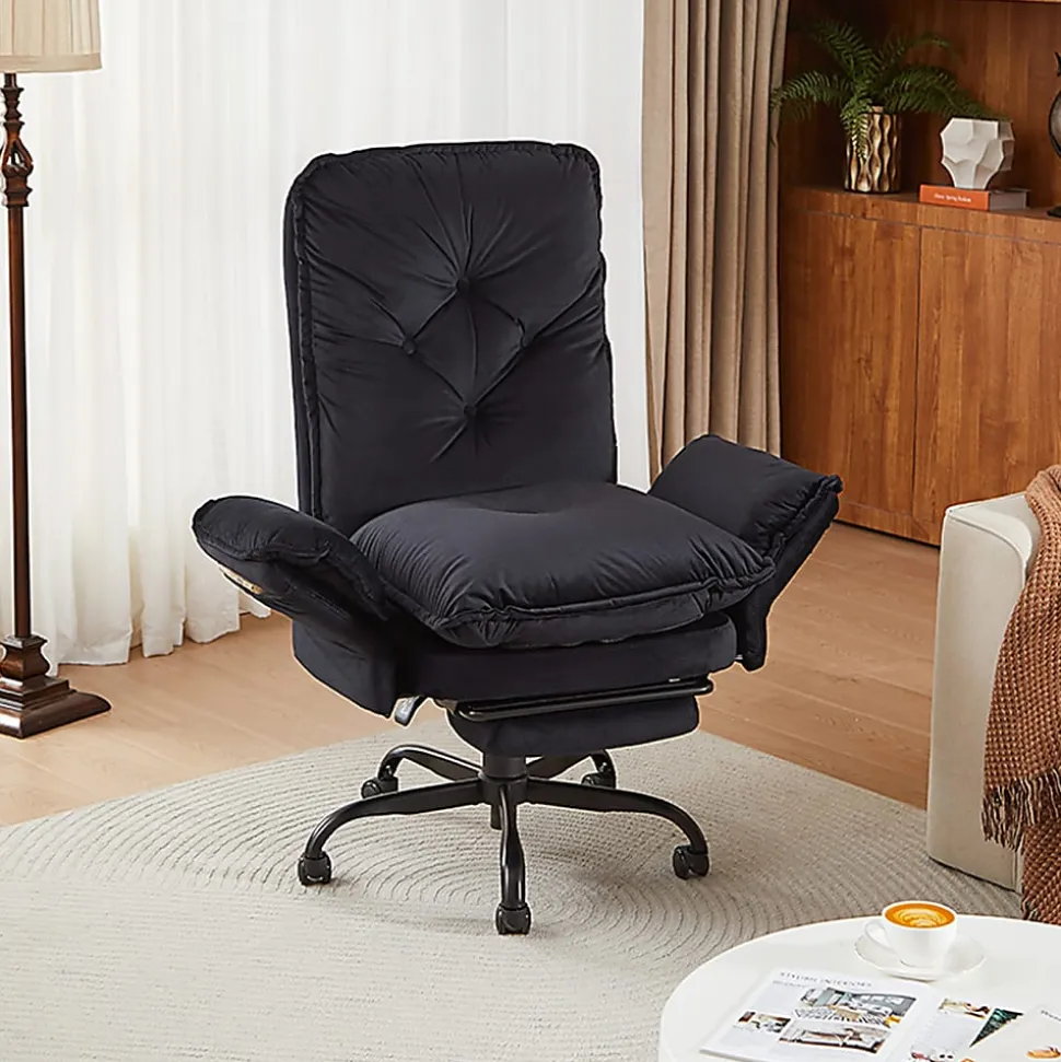 Bestier Velvet High-Back Cross-Legged Office Chair With Flip-Up Arms And Footrest, Black, Total Quantity 1