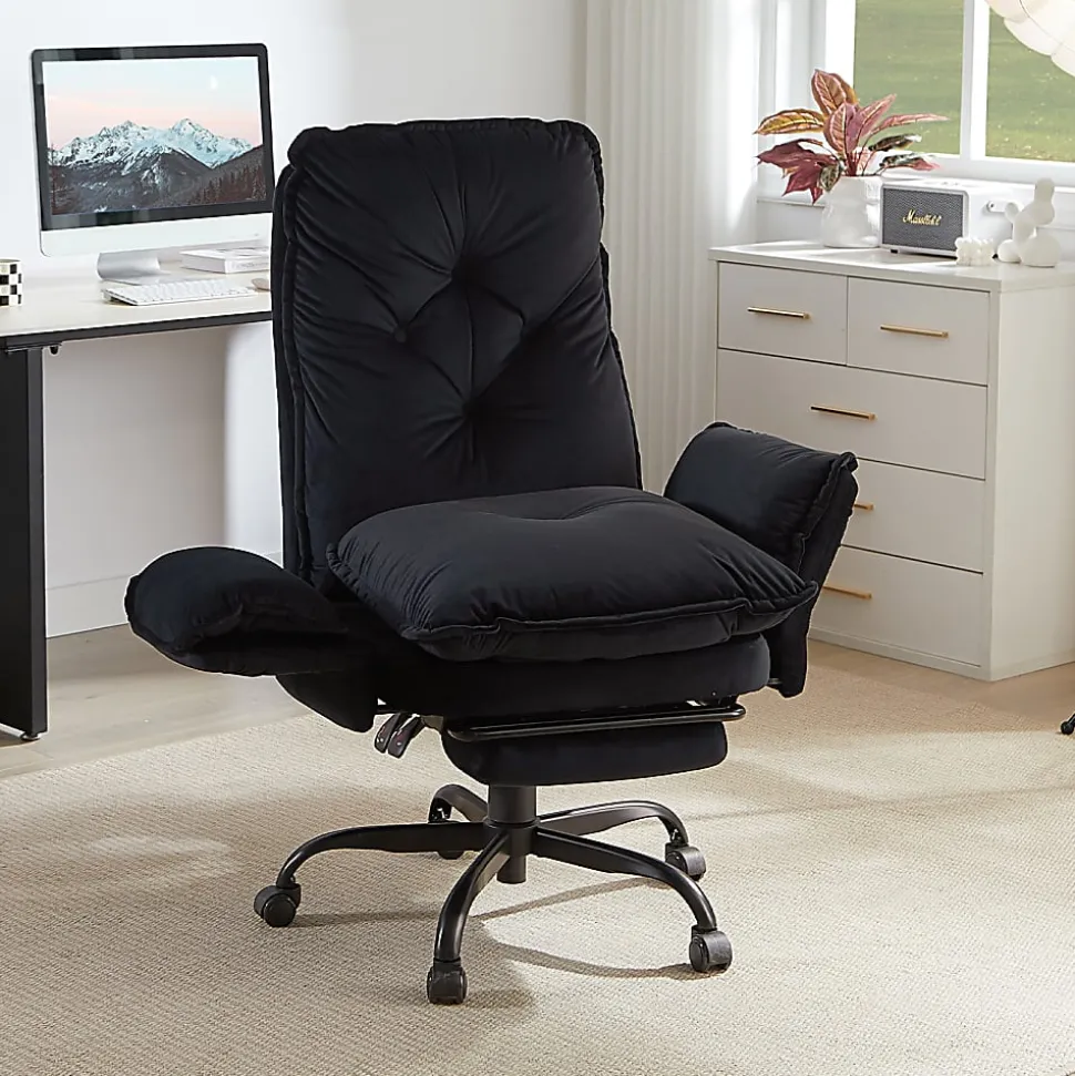 Bestier Velvet High-Back Cross-Legged Office Chair With Flip-Up Arms And Footrest, Black, Total Quantity 1