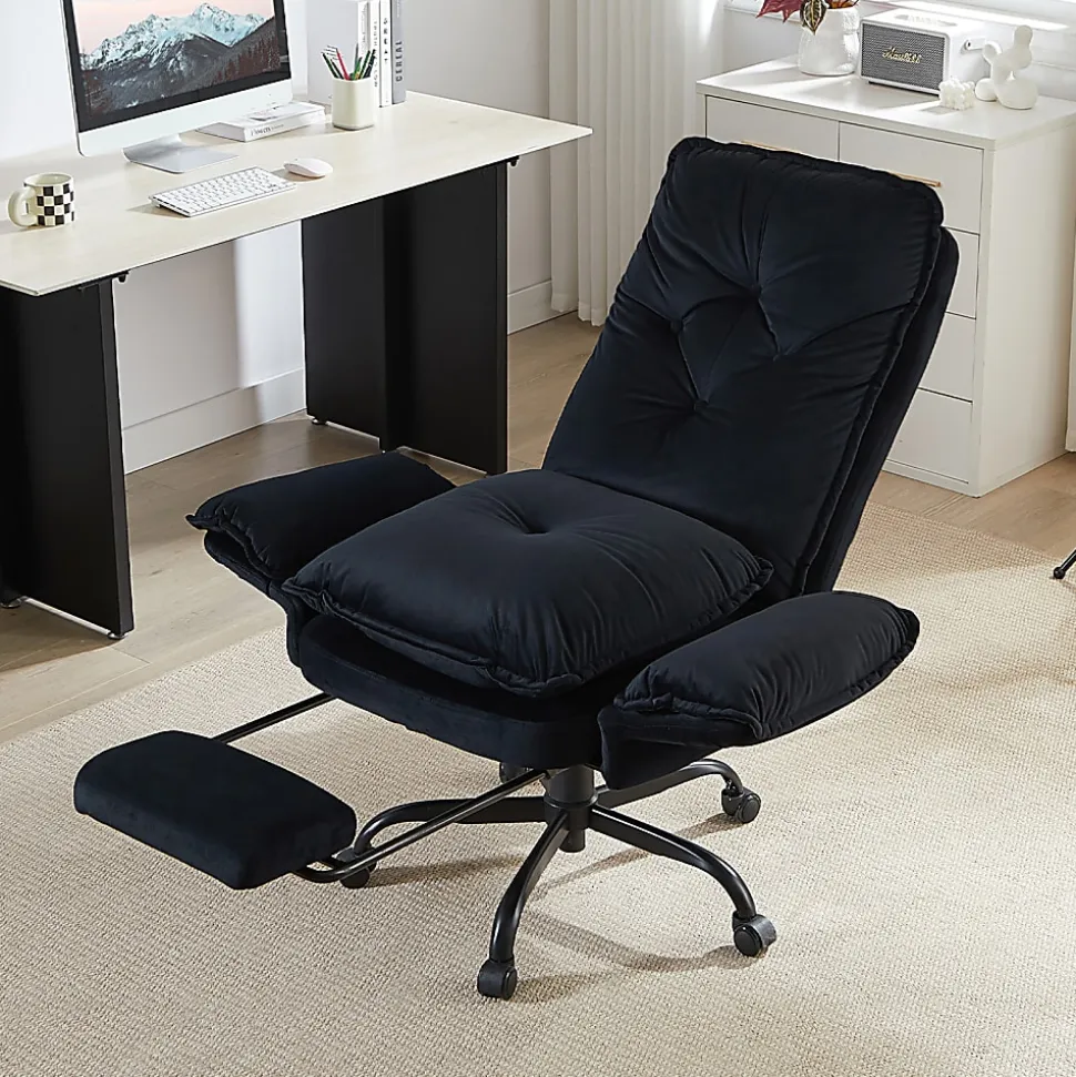 Bestier Velvet High-Back Cross-Legged Office Chair With Flip-Up Arms And Footrest, Black, Total Quantity 1
