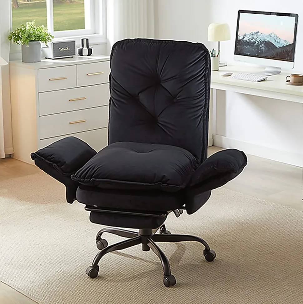 Bestier Velvet High-Back Cross-Legged Office Chair With Flip-Up Arms And Footrest, Black, Total Quantity 1