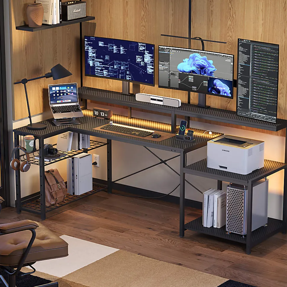 Bestier 72"W Computer Desk, Black Carbon Fiber