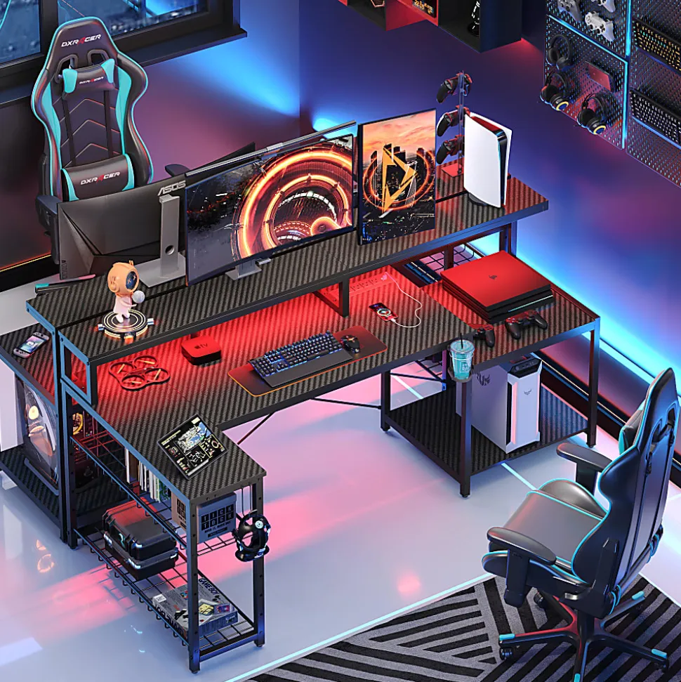 Bestier 72"W Computer Desk, Black Carbon Fiber