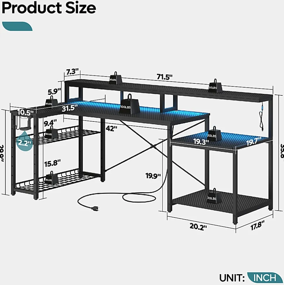 Bestier 72"W Computer Desk, Black Carbon Fiber