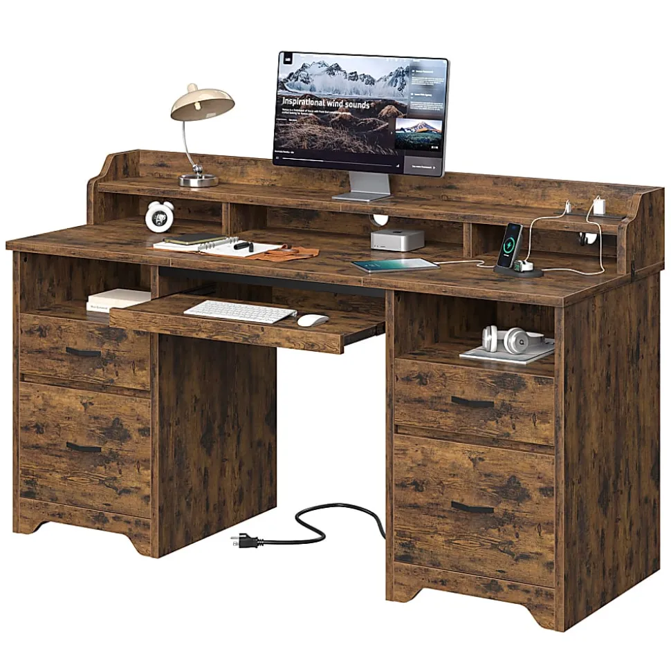 Bestier 60"W Computer Desk With Keyboard Tray And Power Outlet, Rustic Brown