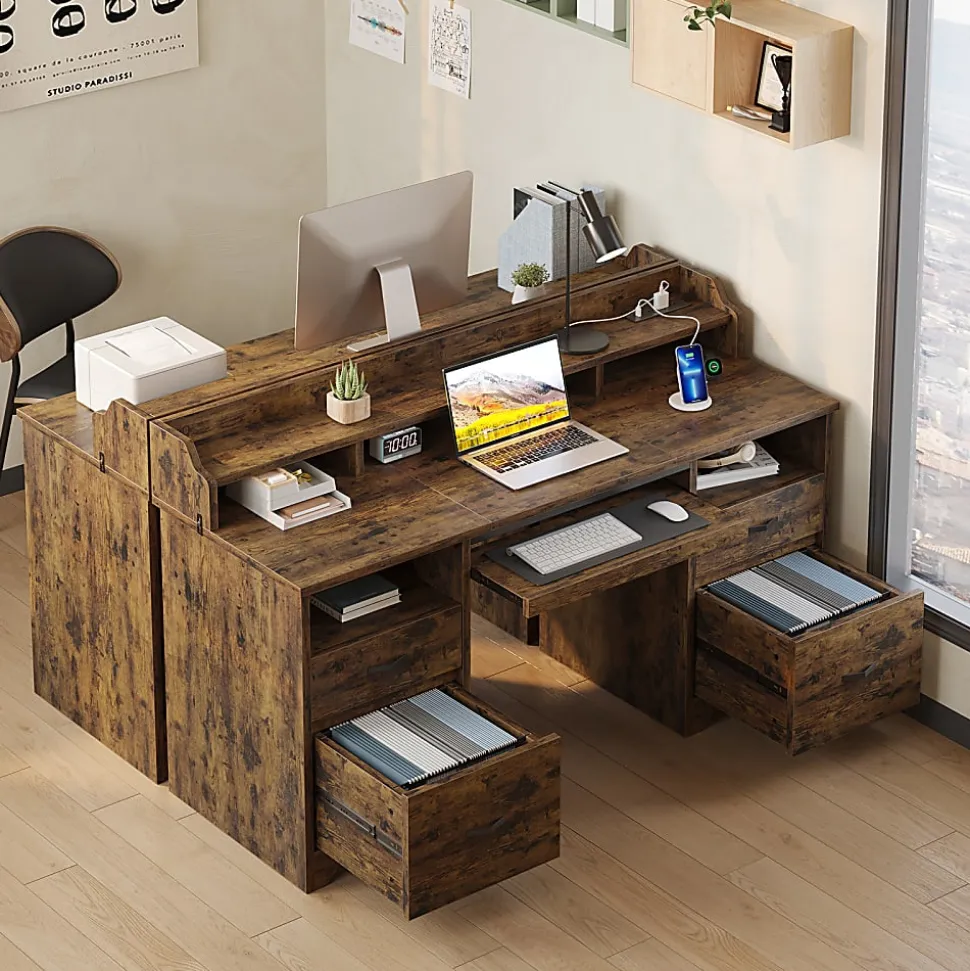 Bestier 60"W Computer Desk With Keyboard Tray And Power Outlet, Rustic Brown
