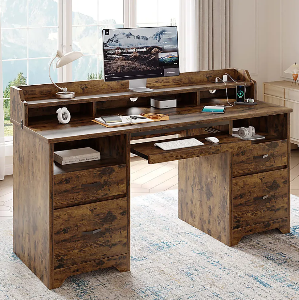 Bestier 60"W Computer Desk With Keyboard Tray And Power Outlet, Rustic Brown