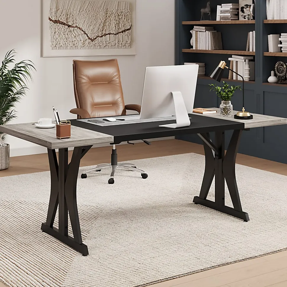 Bestier 71"W Computer Desk With X-Shaped Metal Legs, Wash Gray