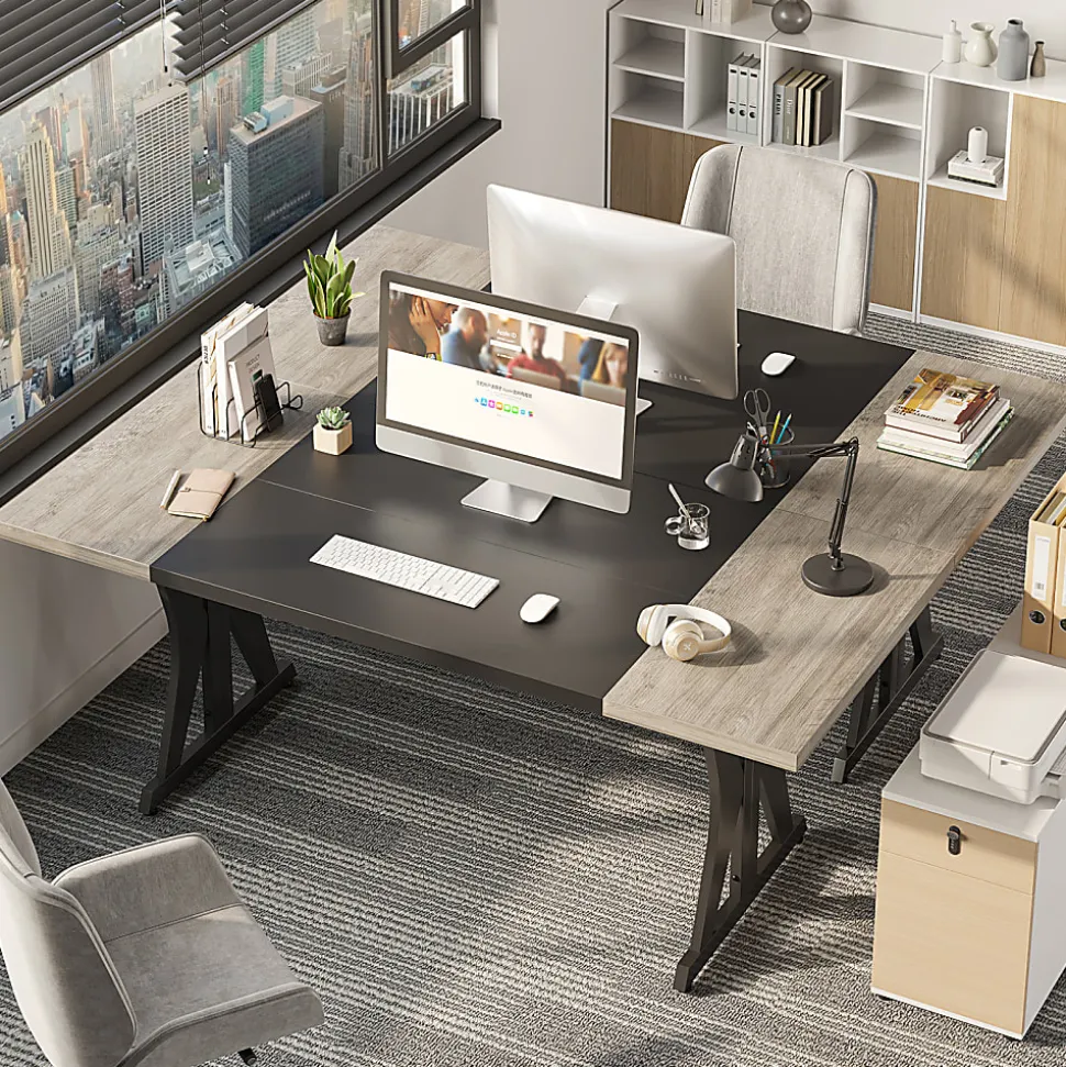 Bestier 71"W Computer Desk With X-Shaped Metal Legs, Wash Gray