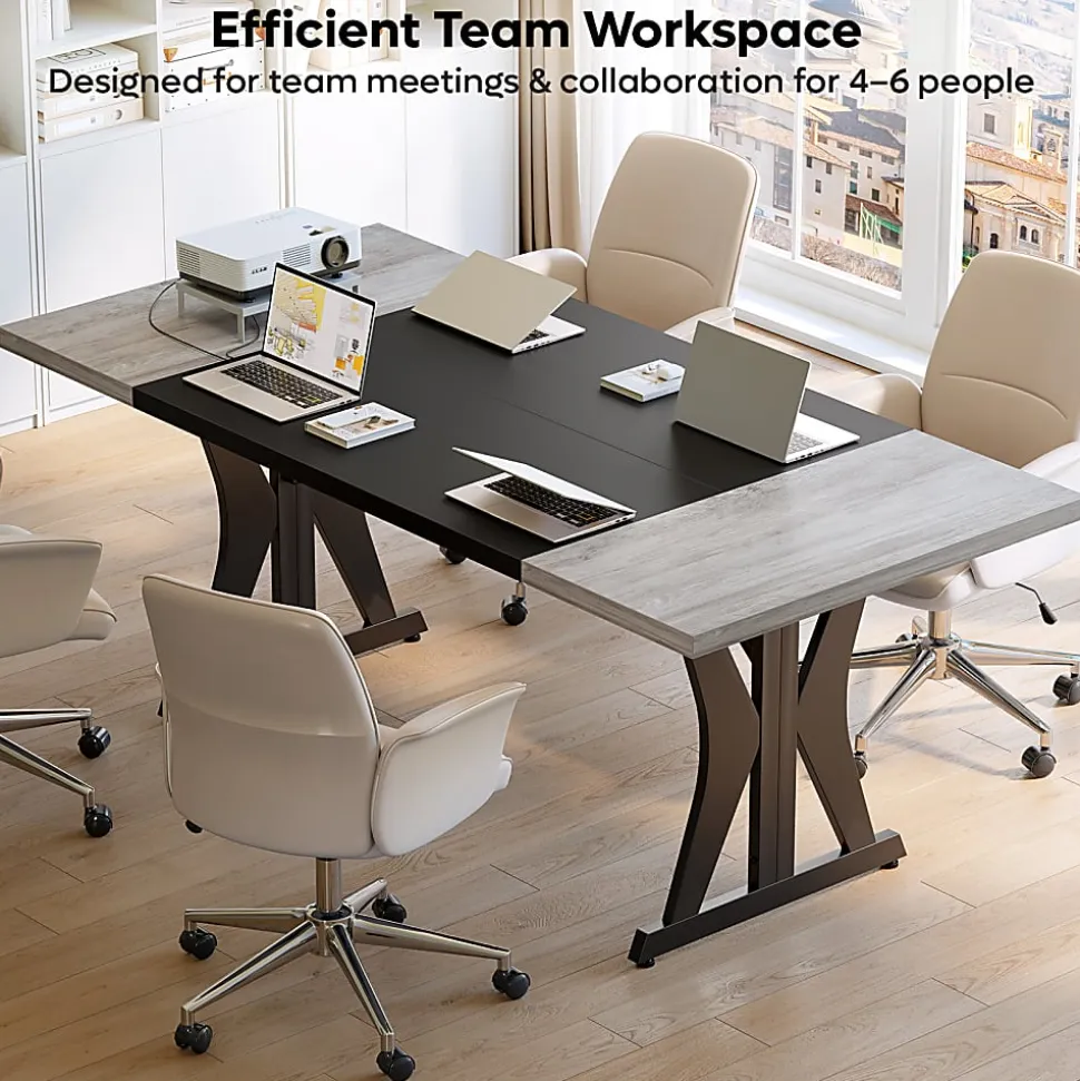 Bestier 71"W Computer Desk With X-Shaped Metal Legs, Wash Gray