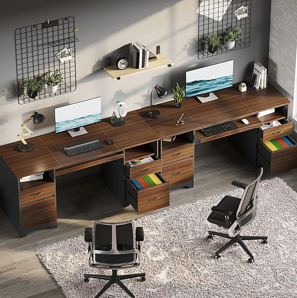 Bestier 59"W Double-Pedestal Executive Computer Desk With Open Storage & Drawer, Cherry
