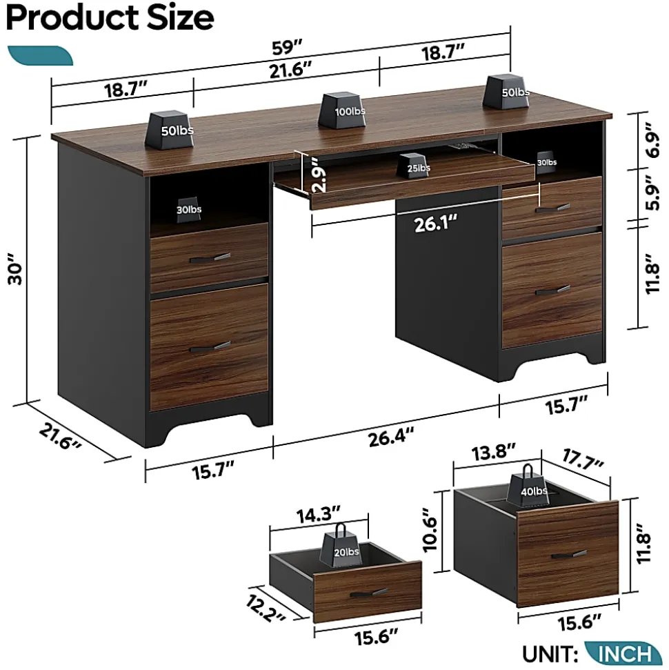 Bestier 59"W Double-Pedestal Executive Computer Desk With Open Storage & Drawer, Cherry