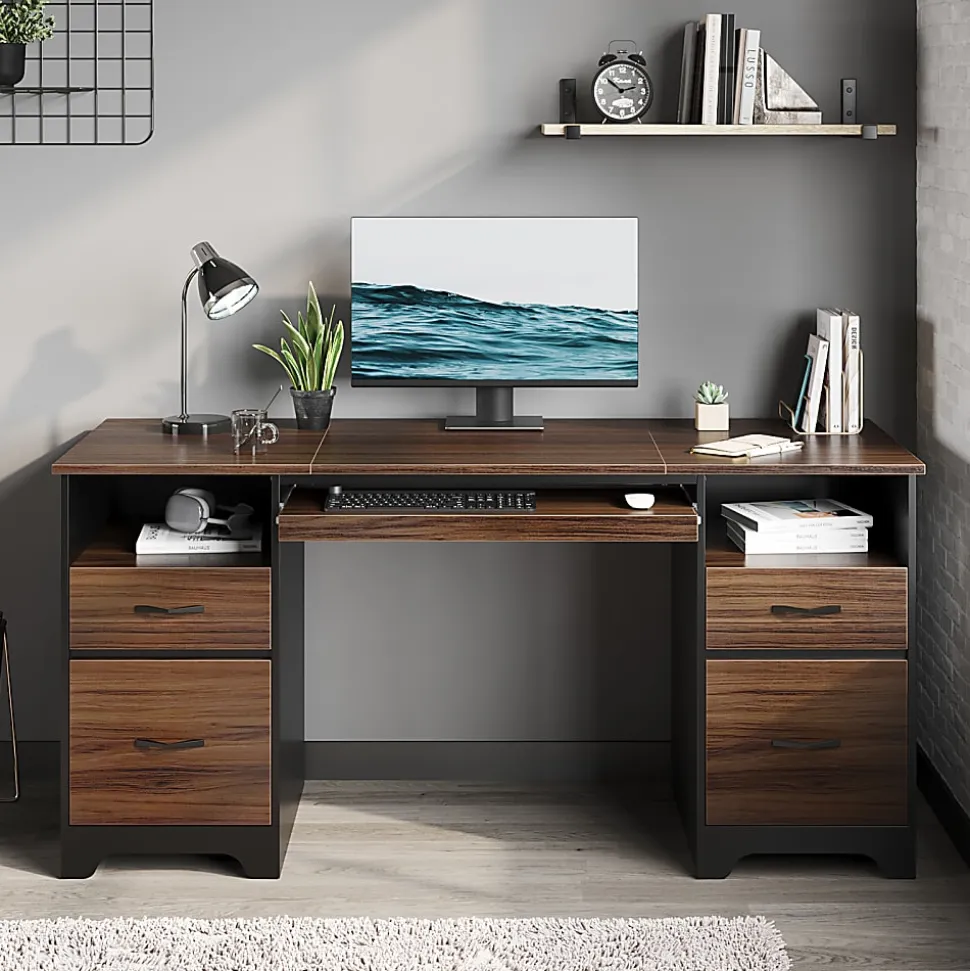 Bestier 59"W Double-Pedestal Executive Computer Desk With Open Storage & Drawer, Cherry